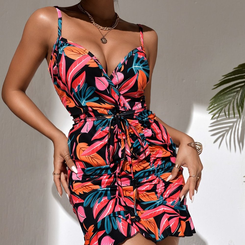 New Tropical Print Belted Ruched Ruffle Hem Cami Dress